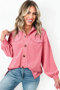 Pink Button-Up Blouse, Shirt with Flap Detail and Side Splits
