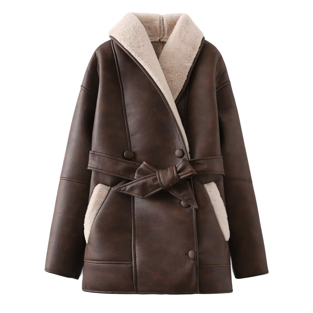 Leather Fur Collar Belted Coat