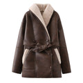 Leather Fur Collar Belted Coat