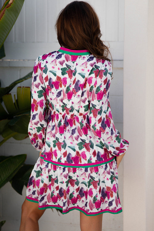 Floral Contrast Stripe Long Sleeve Mini Dress