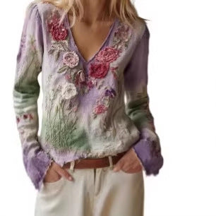 Women's Floral Print V-Neck Long Sleeve Blouse
