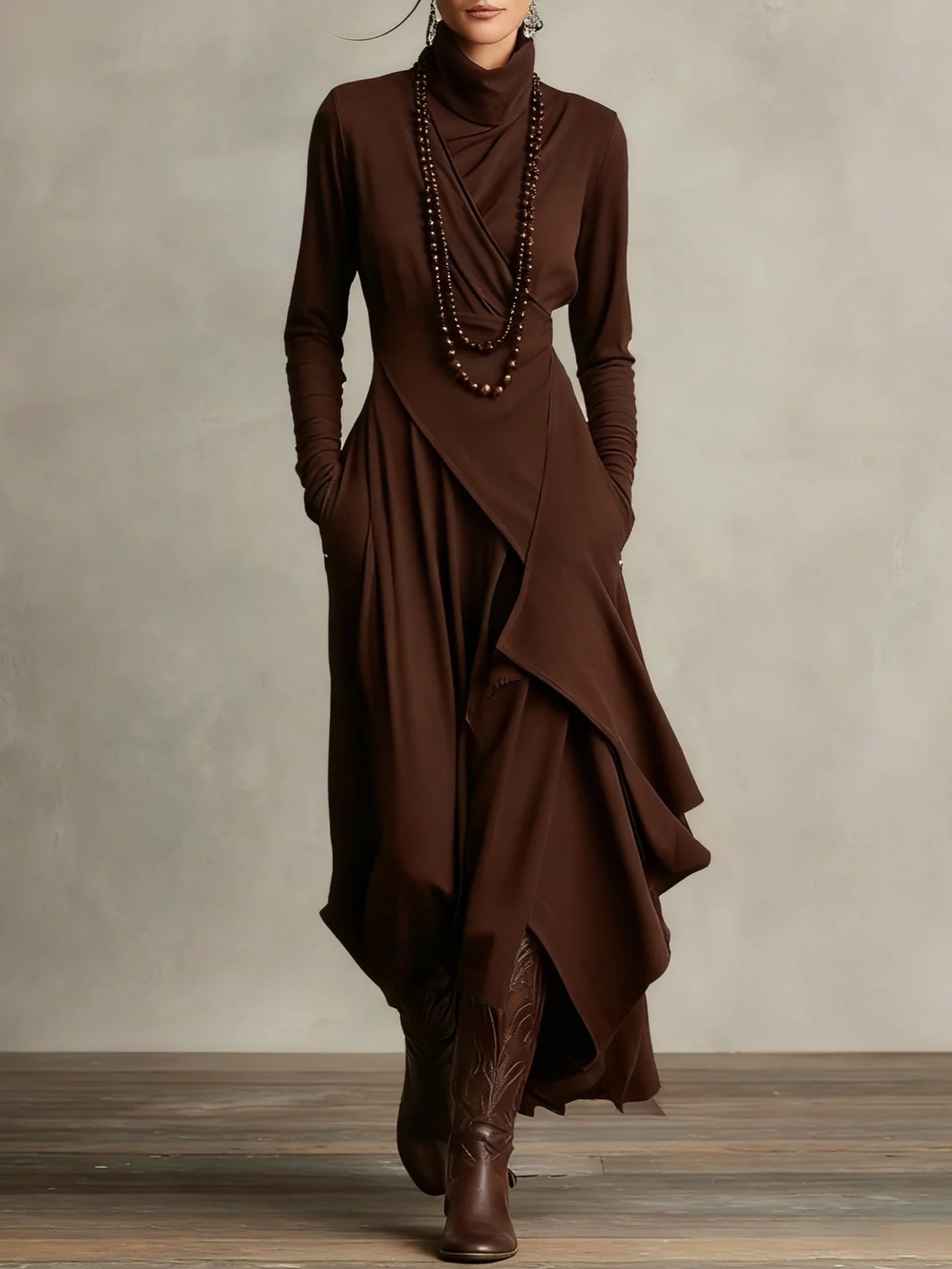 Women's Solid Colour High-Neck Dress