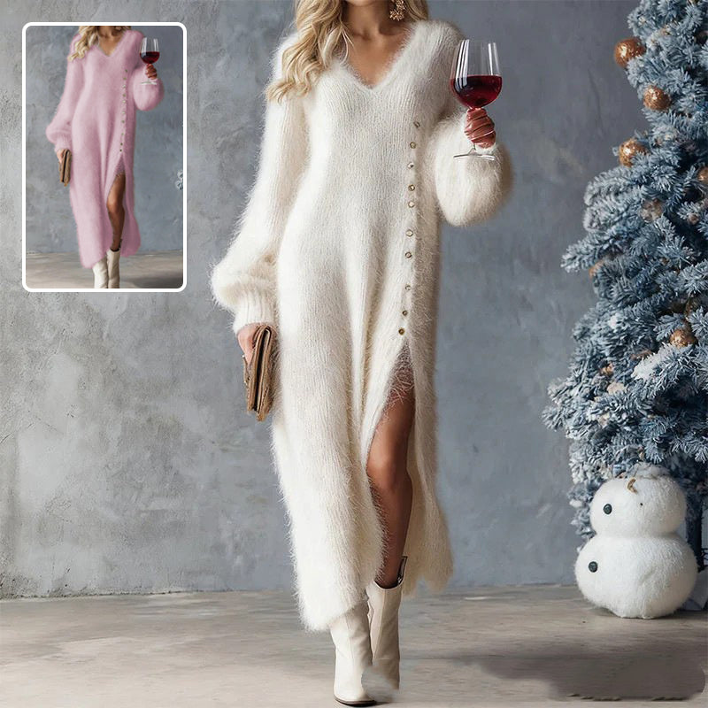 Chic Split Knitted Winter Dress With Buttons