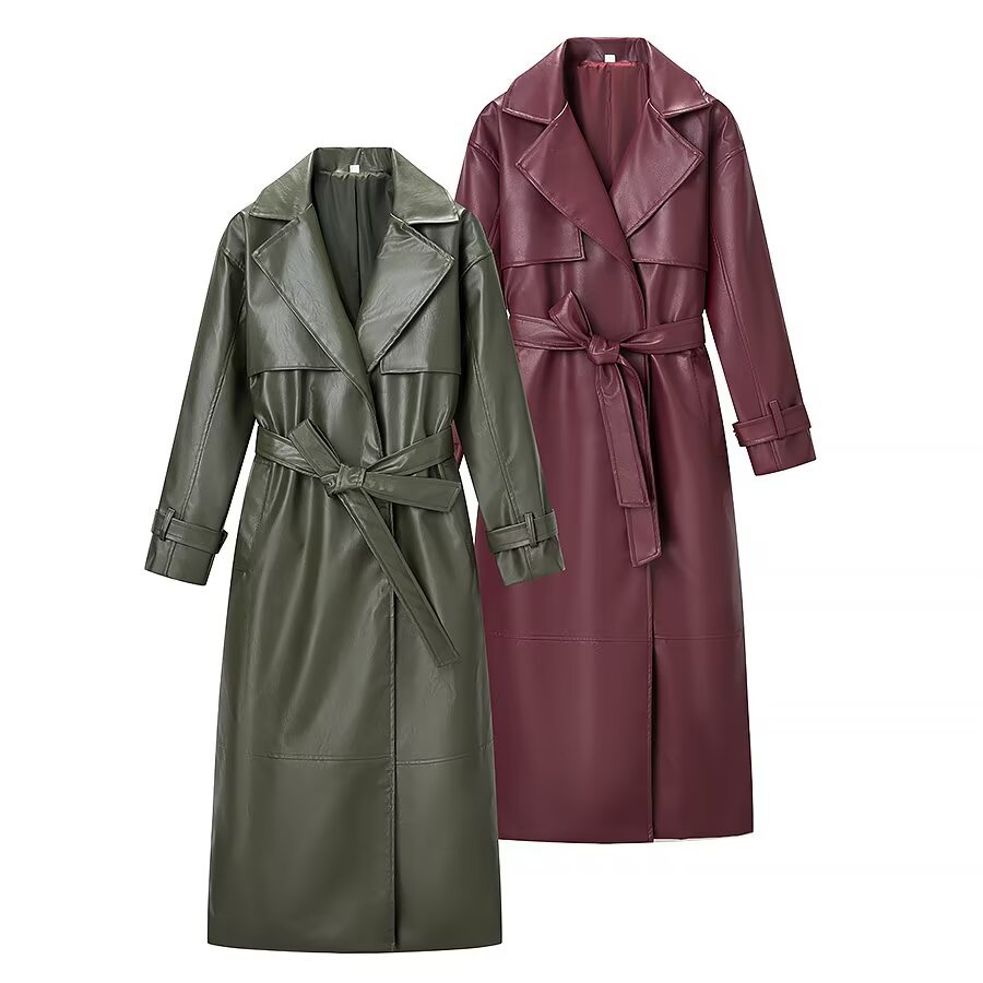 Stylish  Faux Leather Trench Coat