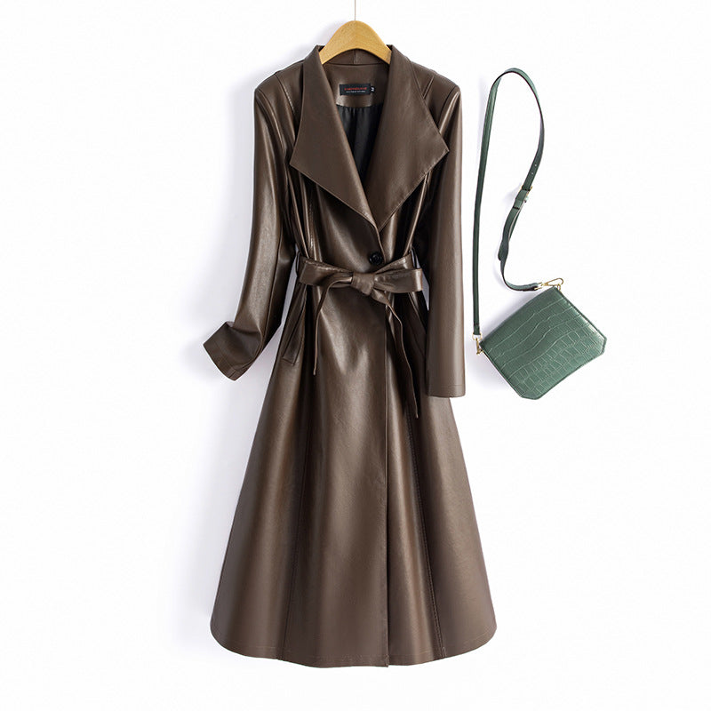 Artificial Leather Fall-Spring Trench Coat