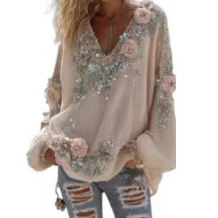 Women's Floral Print V-Neck Long Sleeve Blouse