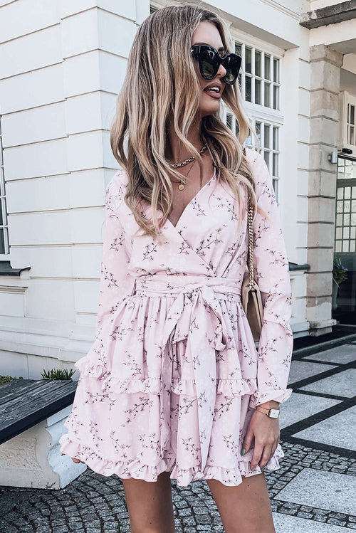 Pink, Floral Print, Wrap, Romantic & Sweet Mini Dress