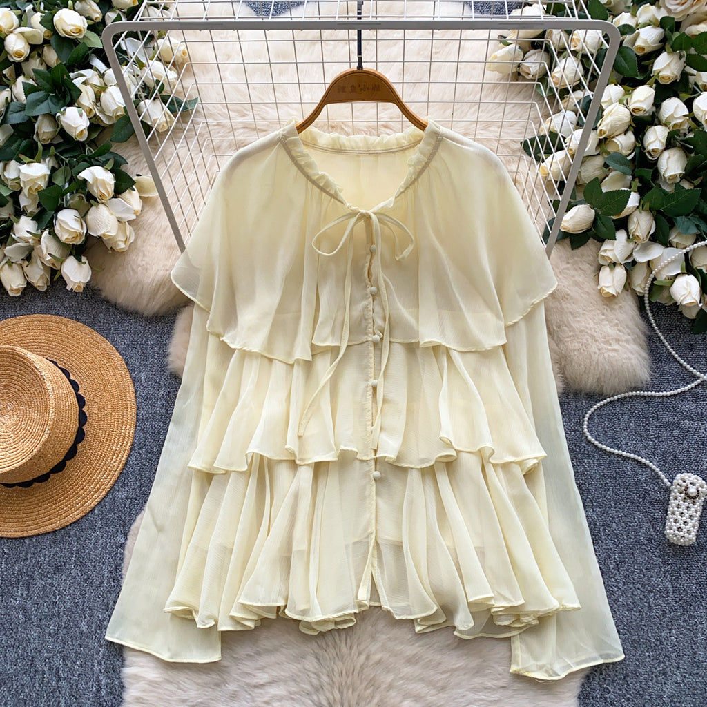 Women's Loose-Fitting Lace-Up Ruffle-Trimmed Chiffon Shirt
