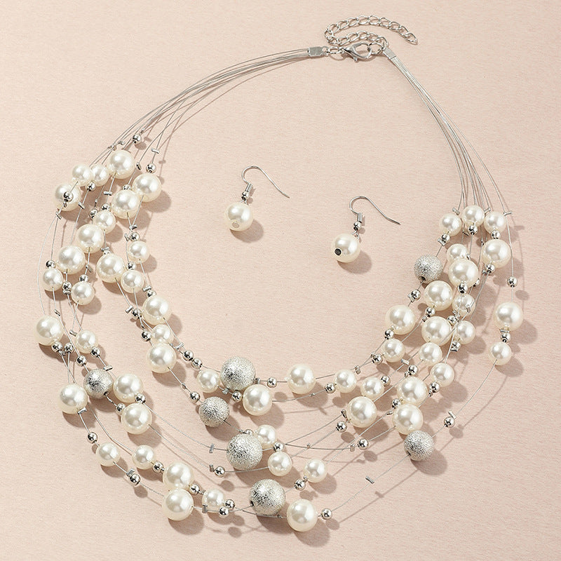 Multilayer pearl necklace pendant and pearl earrings