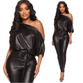 Strapless, Off the Shoulder Leather Jumpsuit