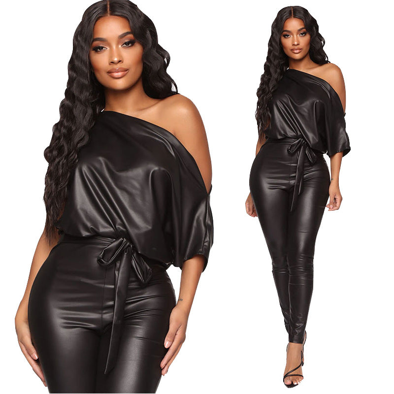 Strapless, Off the Shoulder Leather Jumpsuit