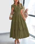 V neck Puff Sleeve Maxi Dress For Women
