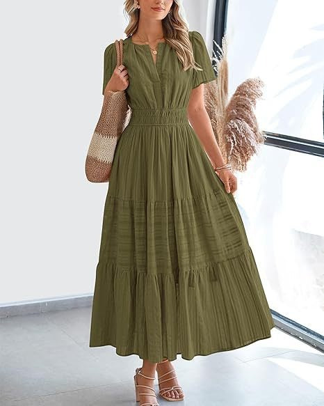V neck Puff Sleeve Maxi Dress For Women