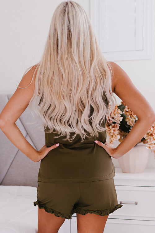 Green Crew Neck Tank and Drawstring Ruffled Shorts Lounge Set