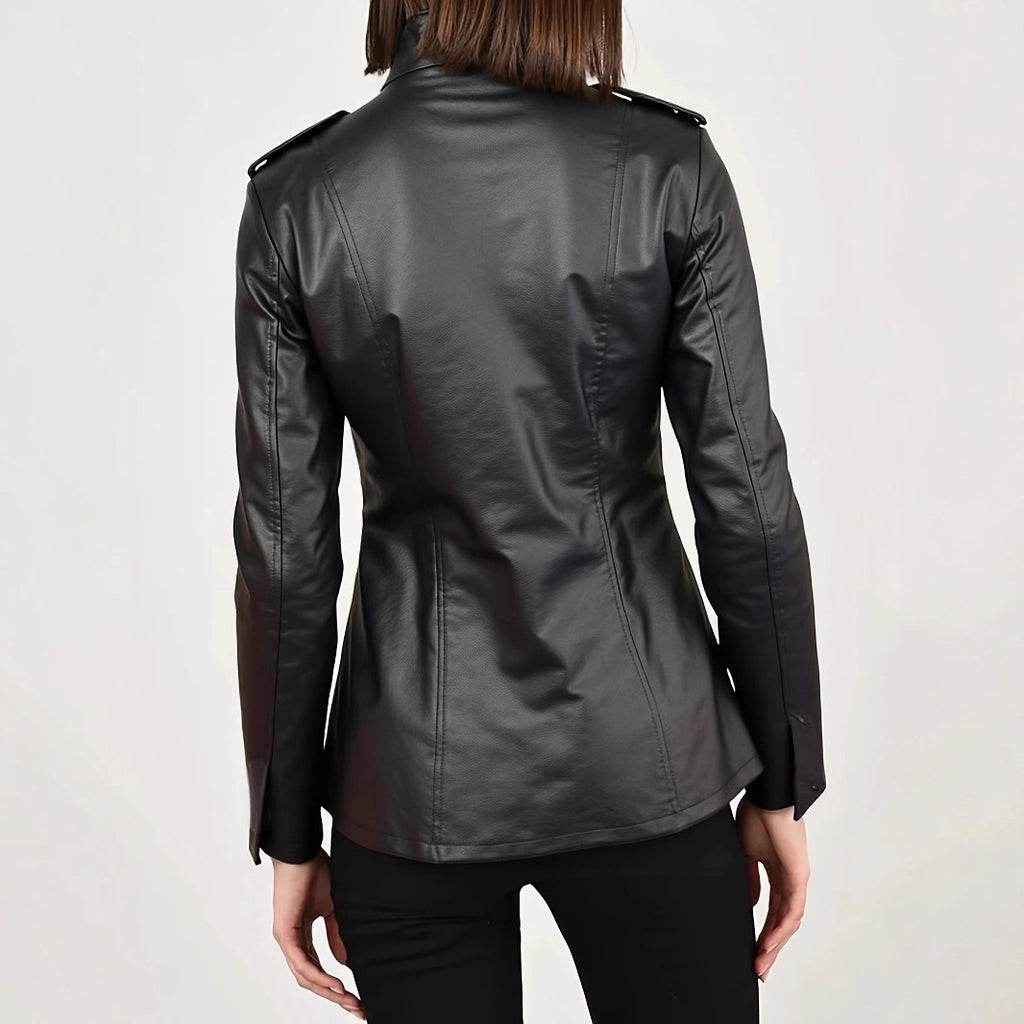 Women's Stand Collar Long Sleeve Distressed Fashion Leather Jacket