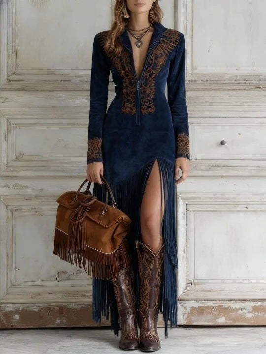 Women's Retro Zipper Dress with Fringes