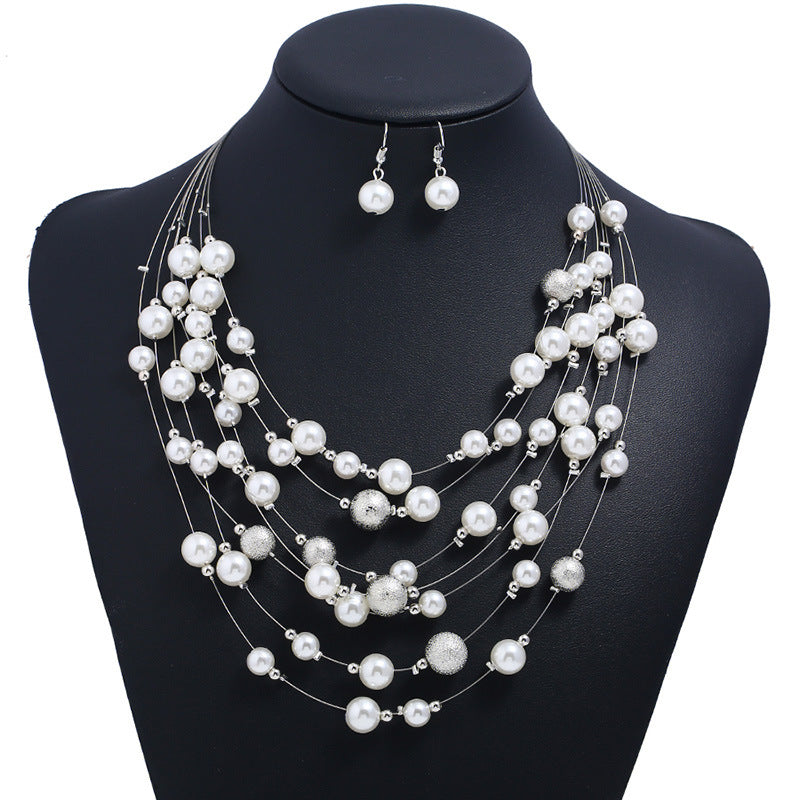Multilayer pearl necklace pendant and pearl earrings