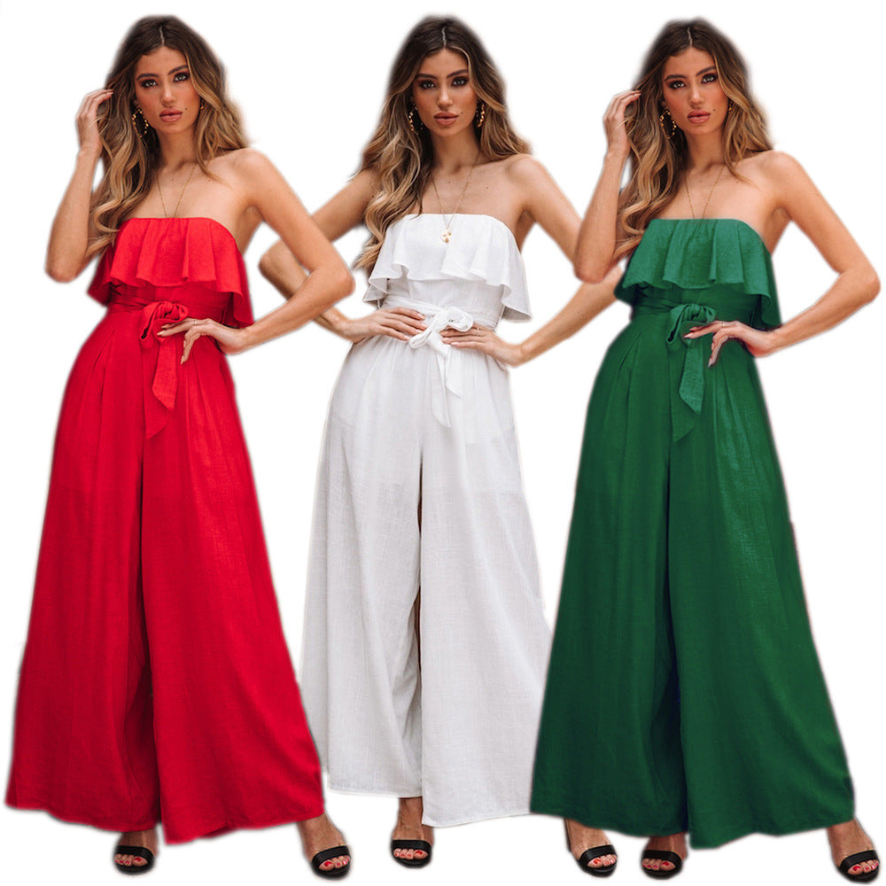 Summer High Waist, Wide Leg Casual, Belted Jumpsuit