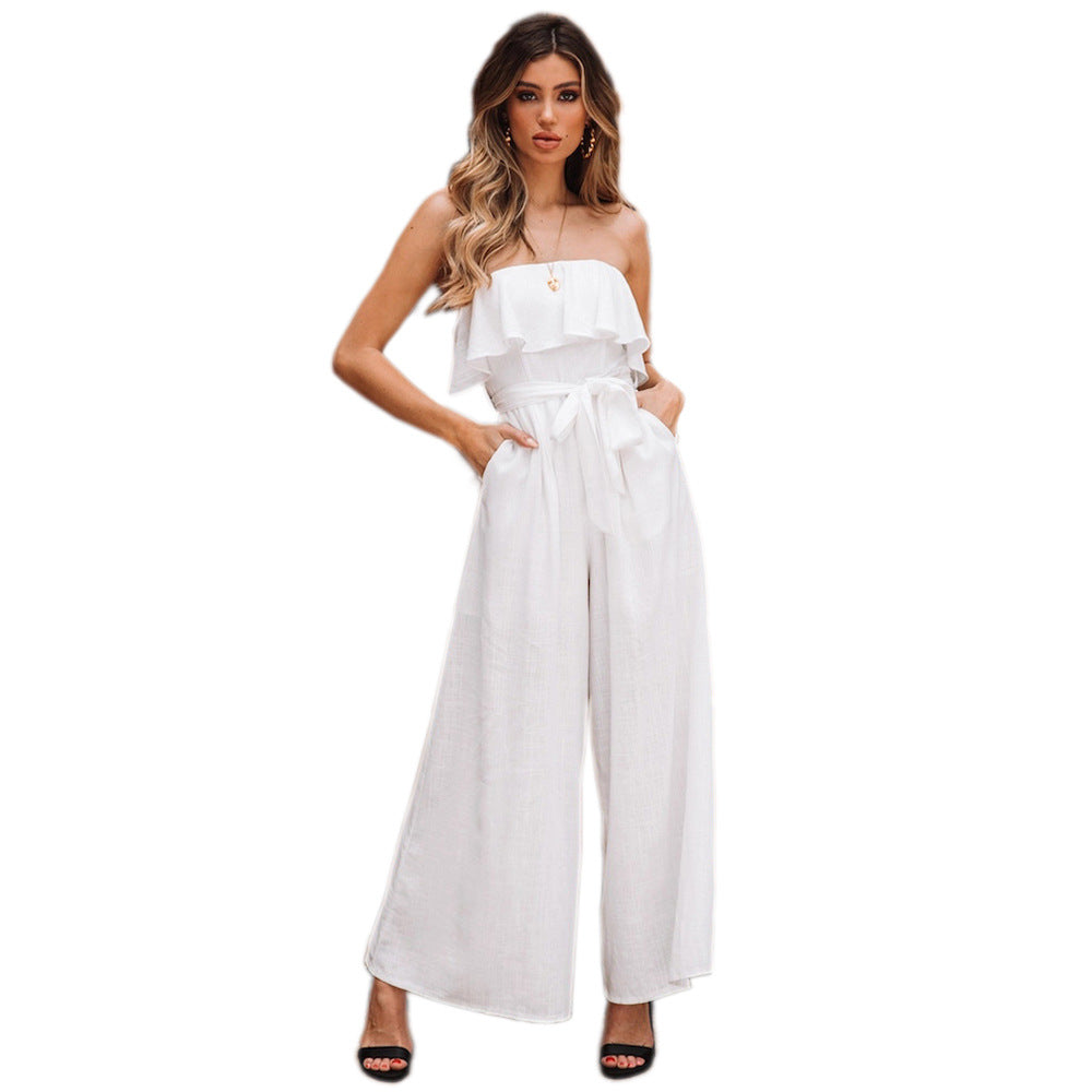 Summer High Waist, Wide Leg Casual, Belted Jumpsuit