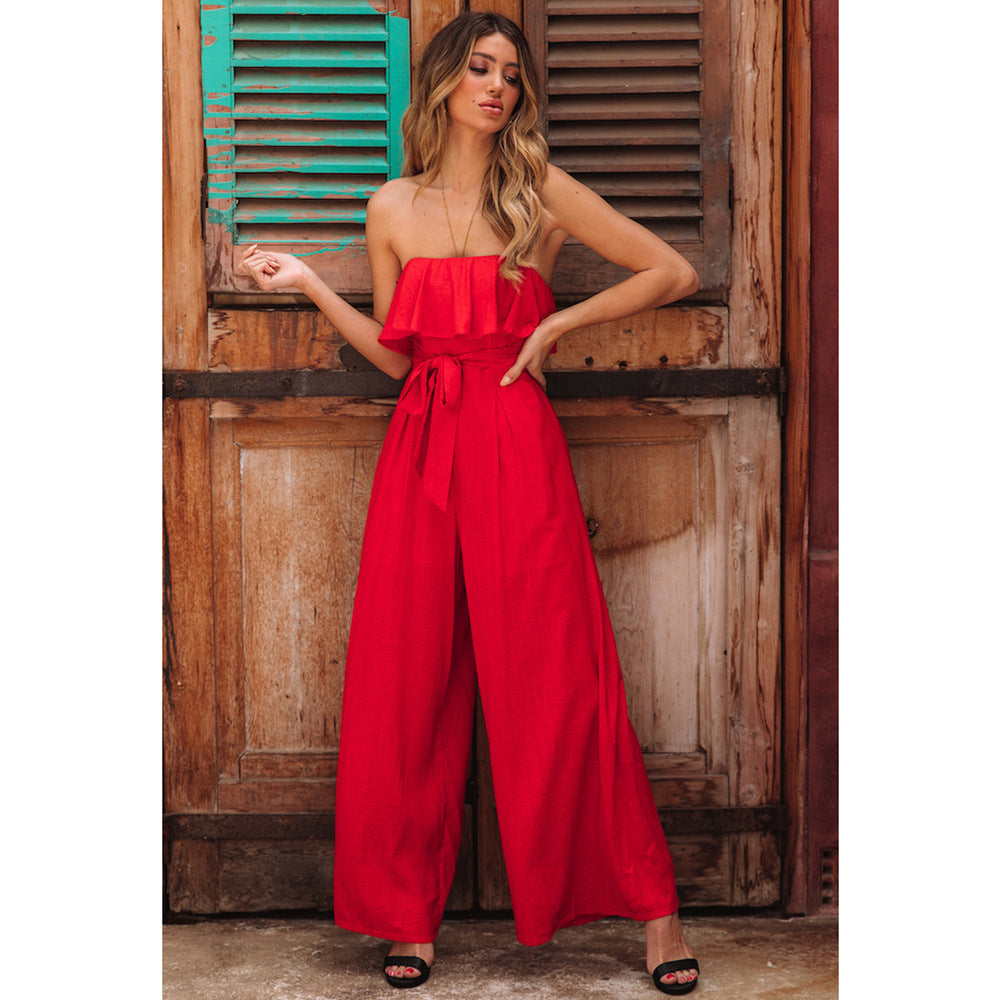 Summer High Waist, Wide Leg Casual, Belted Jumpsuit