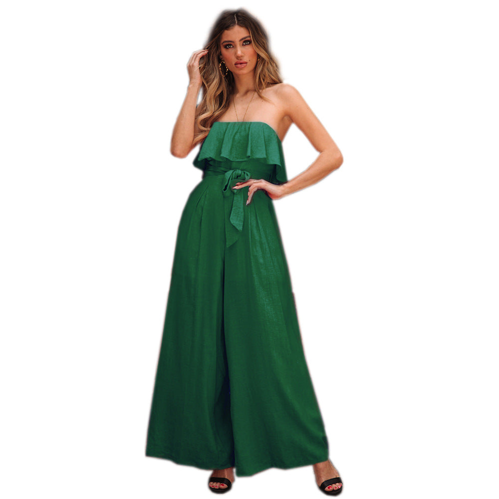 Summer High Waist, Wide Leg Casual, Belted Jumpsuit