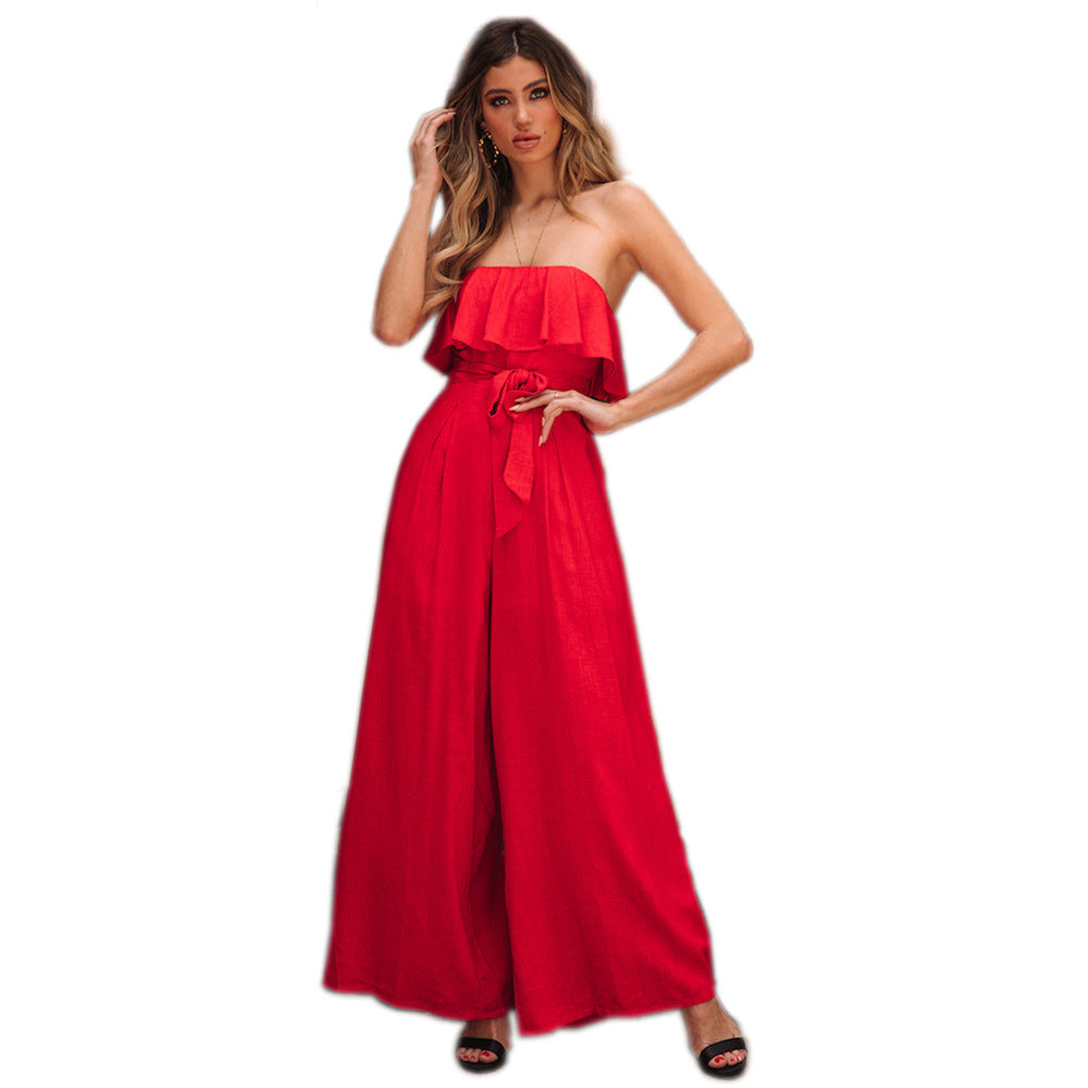 Summer High Waist, Wide Leg Casual, Belted Jumpsuit