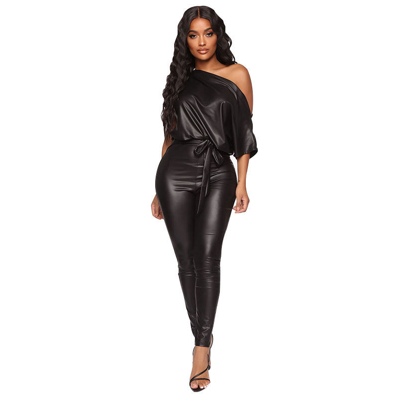 Strapless, Off the Shoulder Leather Jumpsuit