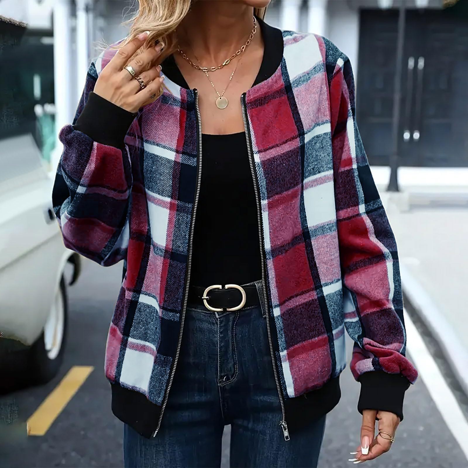 Autumn-Winter Plaid Zip-Up Baseball Jacket