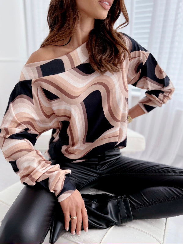 FallWinter Long-sleeve Relaxed-fit Off the Shoulder Top With A Leopard Print