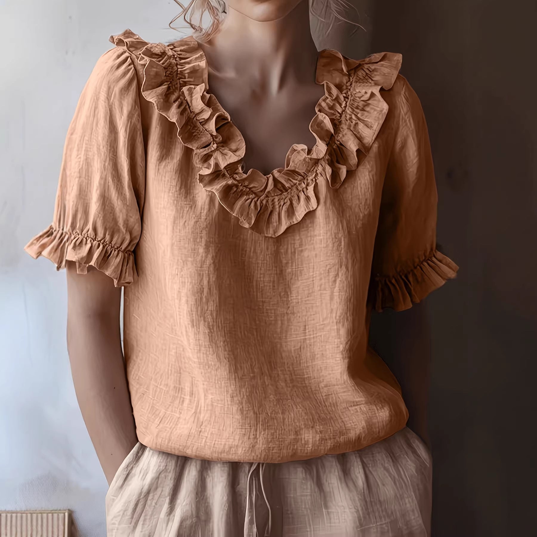 Women's Solid-Colour Fashionable Casual Ruffle-Trimmed Crew-Neck Blouse