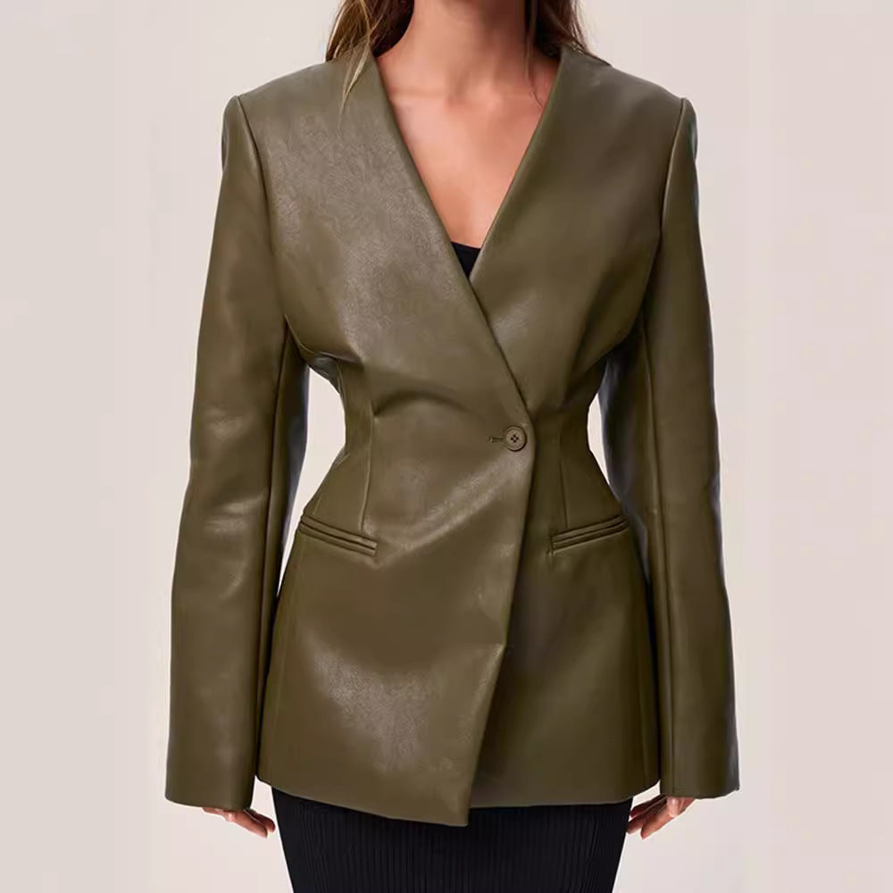 Fashionable Elegant Green V-neck Faux Leather Jacket