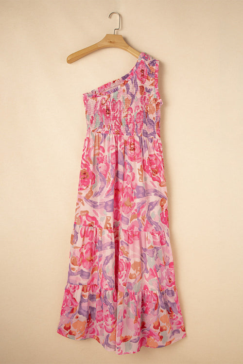 Abstract Floral One-Shoulder Shirred Maxi Dress