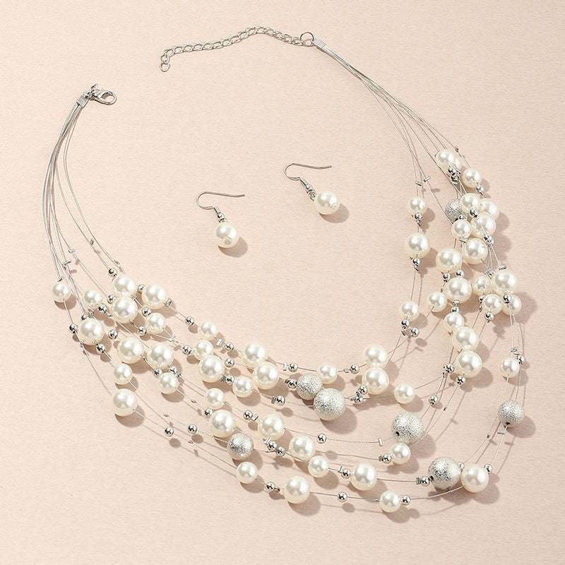 Multilayer pearl necklace pendant and pearl earrings