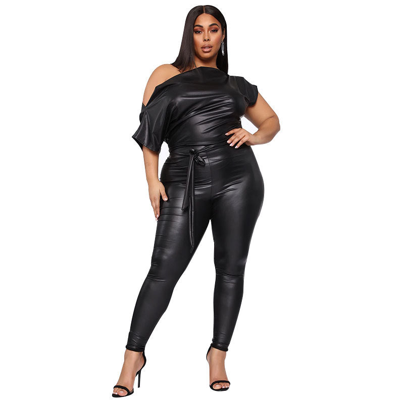Strapless, Off the Shoulder Leather Jumpsuit