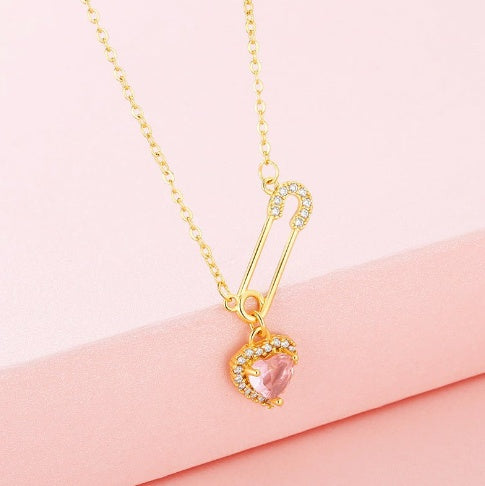 Rhinestone Heart-shaped Pin Necklace Special-interest Design Exquisite High-grade Light Luxury Clavicle Chain