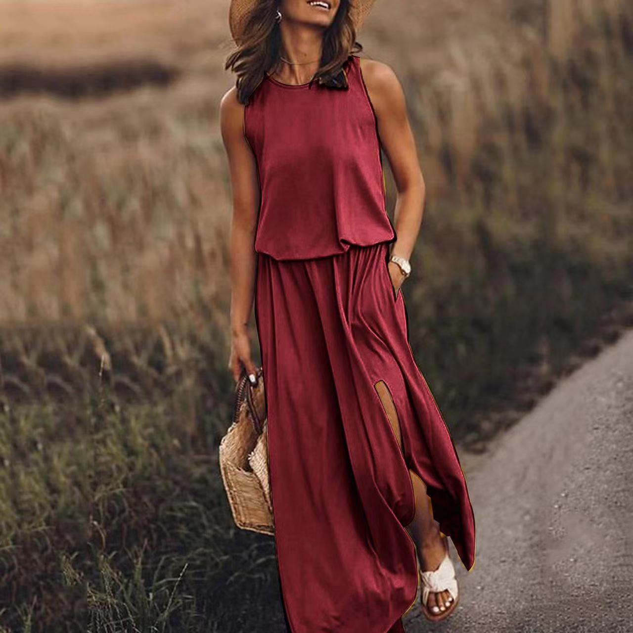 Round Neck Sleeveless Split Solid Color Dress