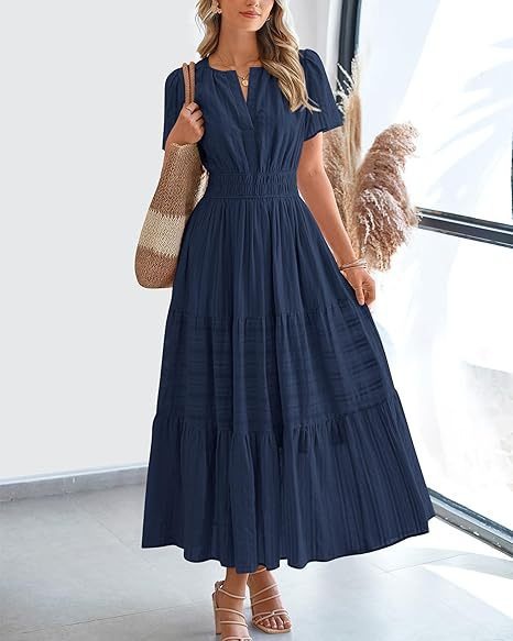V neck Puff Sleeve Maxi Dress For Women