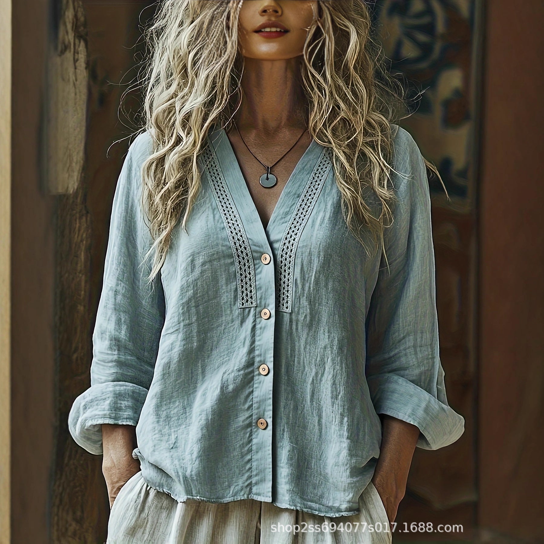 Women's V-Neck Linen Loose-Fit Long-Sleeve Shirt