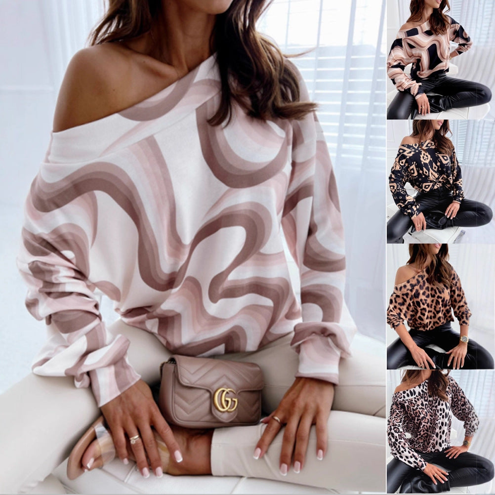 FallWinter Long-sleeve Relaxed-fit Off the Shoulder Top With A Leopard Print
