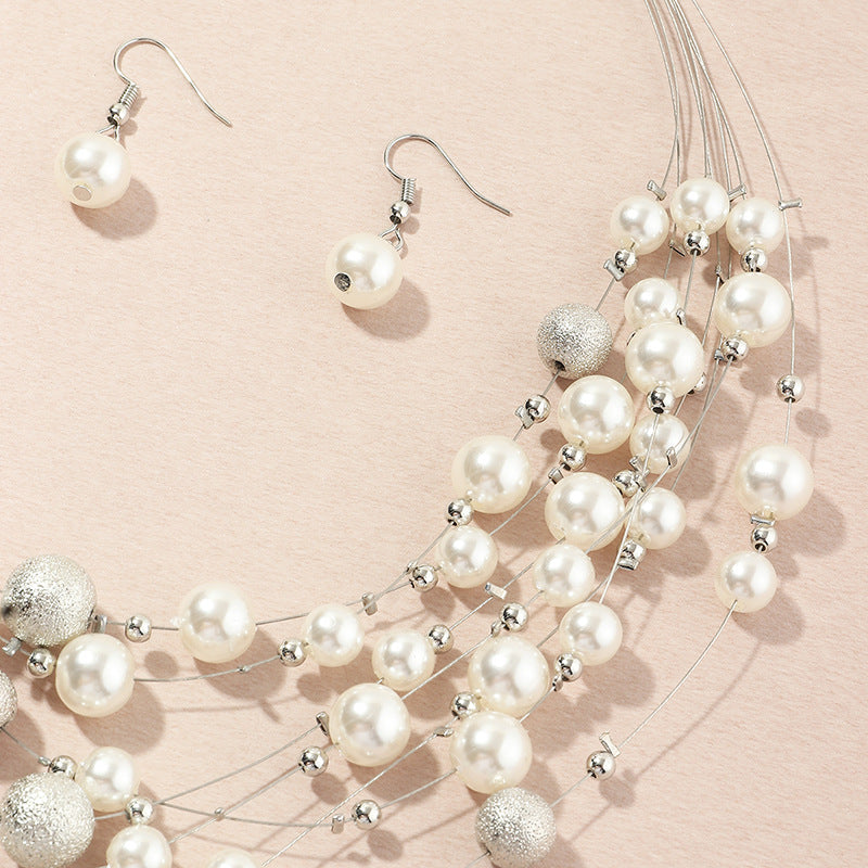Multilayer pearl necklace pendant and pearl earrings