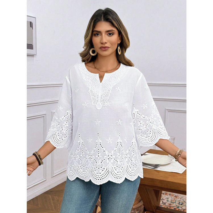 Elegant Embroidered Flared-Sleeve Lace Top Chiffon Blouse