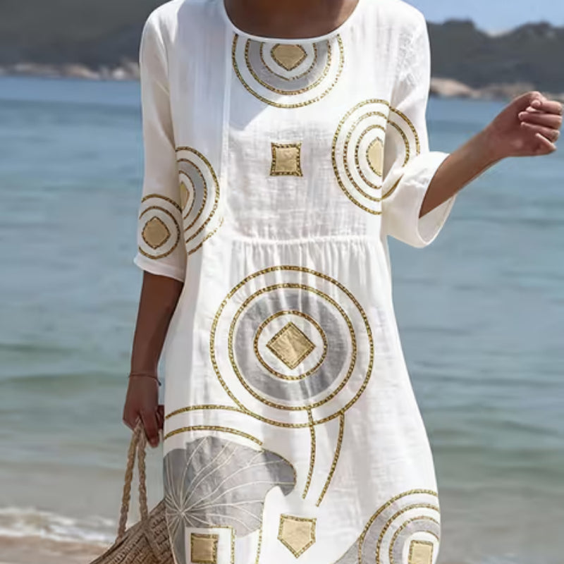 Women's Casual Round Neck Mid Sleeve Print Cotton And Linen Dress