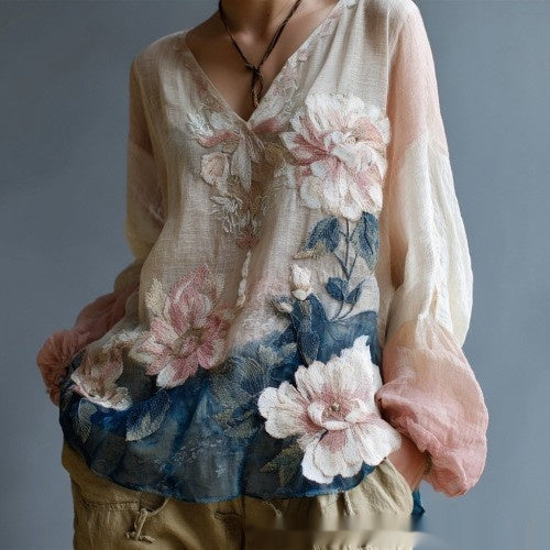 Women's Floral Print V-Neck Long Sleeve Blouse