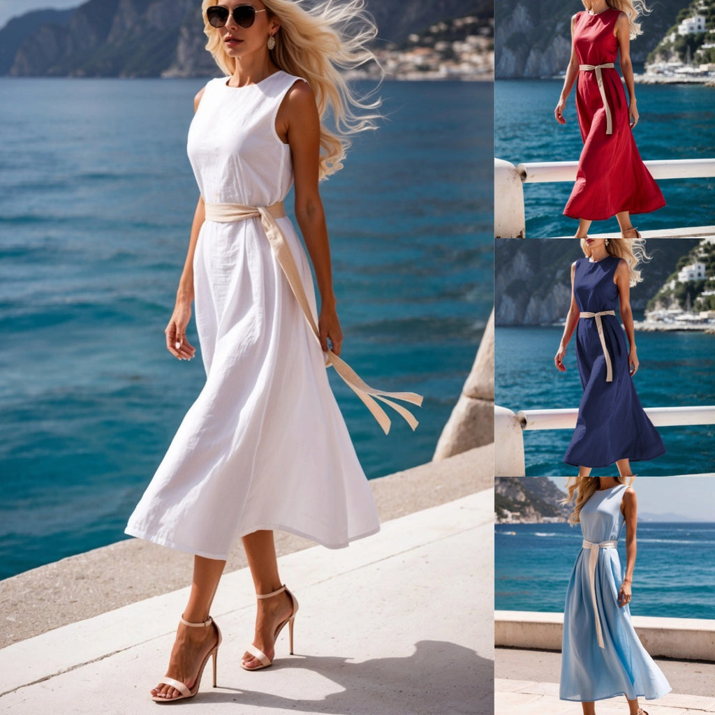 Fashionable Mid-Length Dress with a Belt For Women