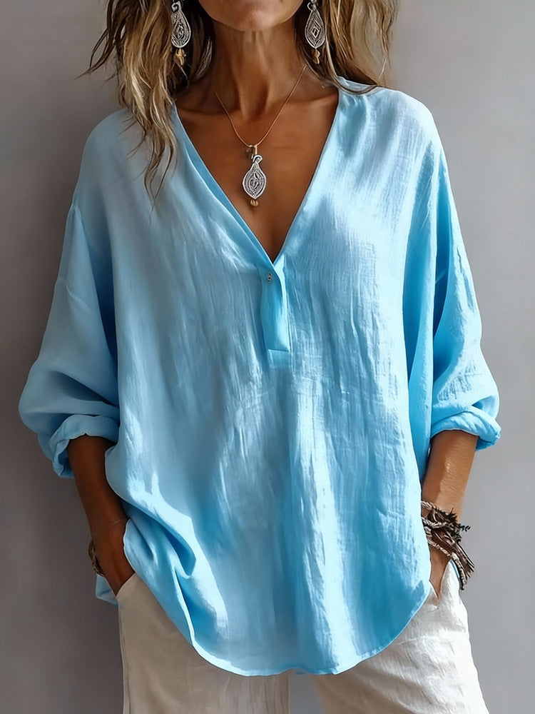 Womens Casual Loose Fashion Solid Color Long-Sleeve Top