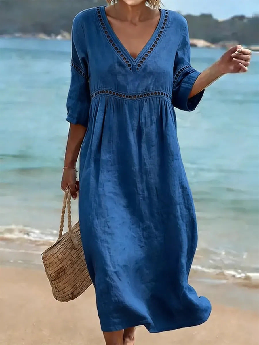 Elegant Casual V-Neck Solid Color Mid-Sleeve Womens Dress