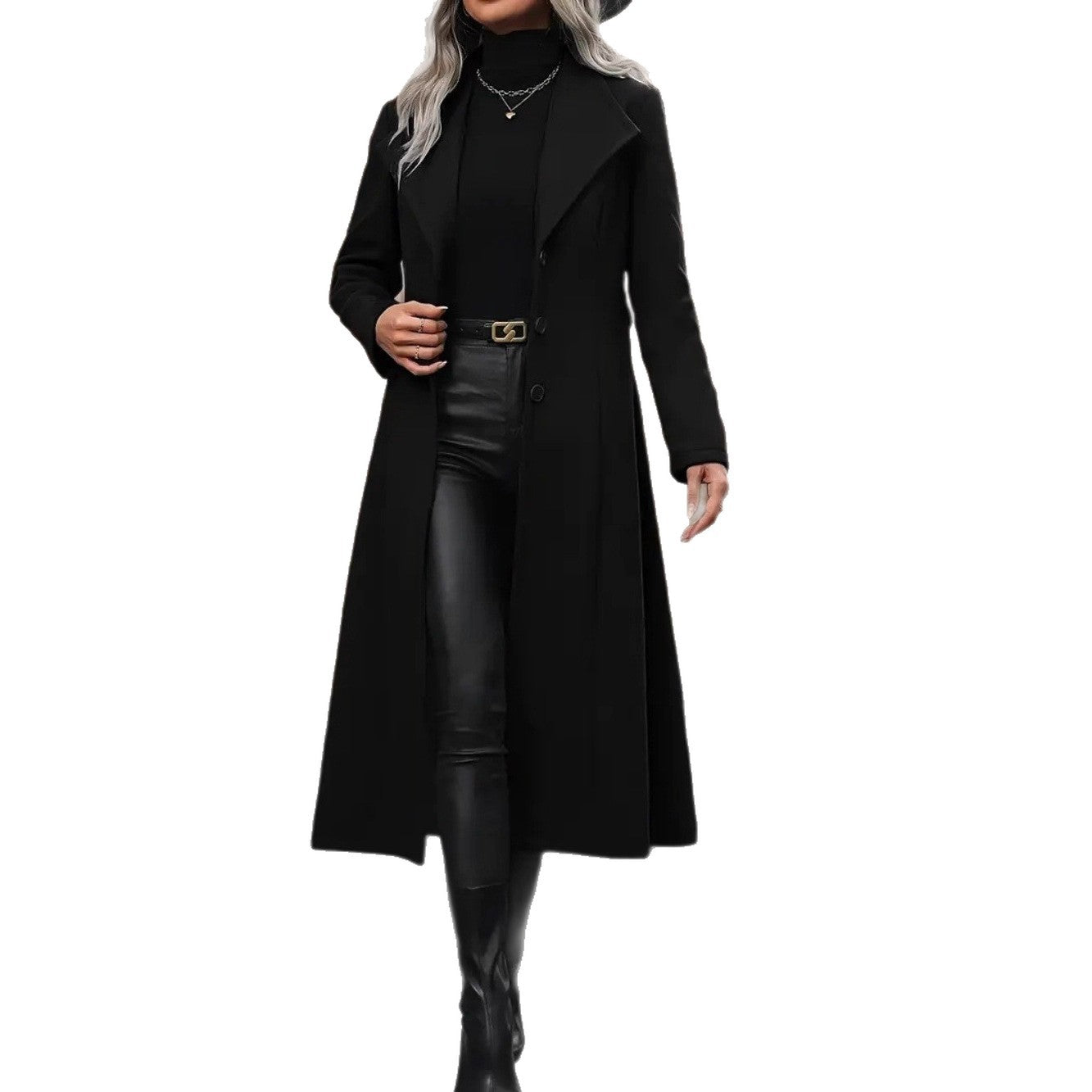 Women's Black Minimalist Belted Coat