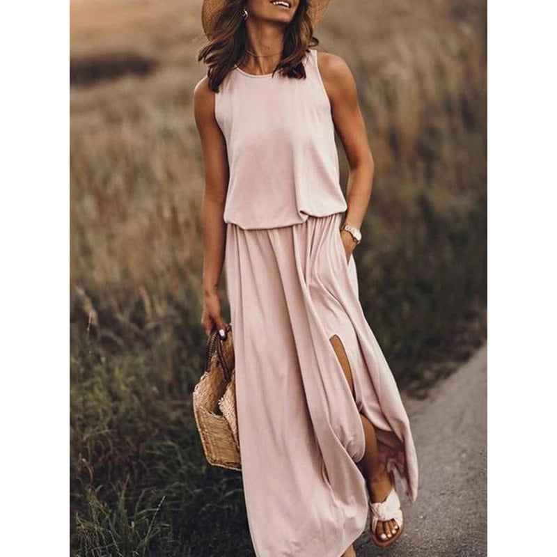 Round Neck Sleeveless Split Solid Color Dress