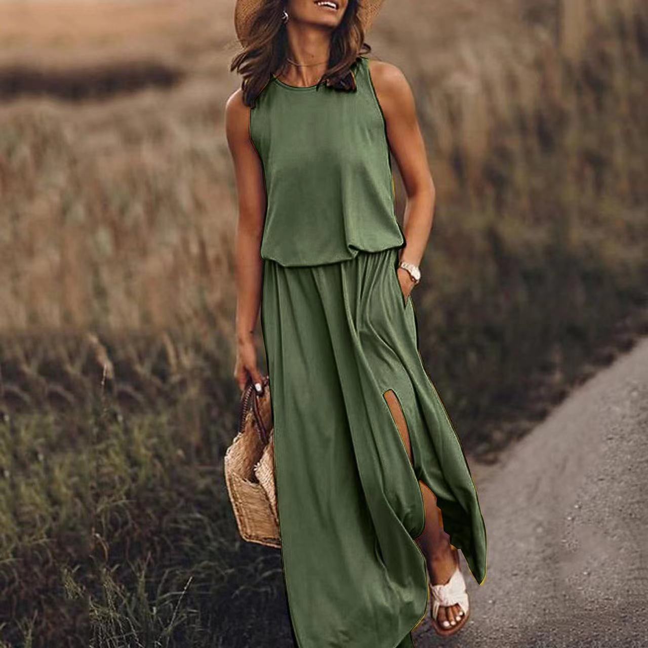 Round Neck Sleeveless Split Solid Color Dress