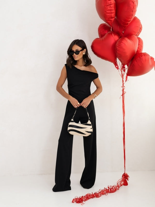 Sleek Jumpsuit For Women, Off- Shoulder, Straight Long Pants, Fastened With A Zipper On The Side.